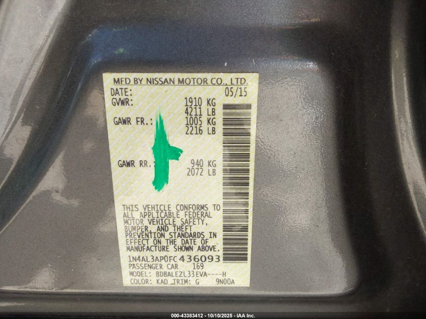 2015 Nissan Altima 2.5 S VIN: 1N4AL3AP0FC436093 Lot: 43383412