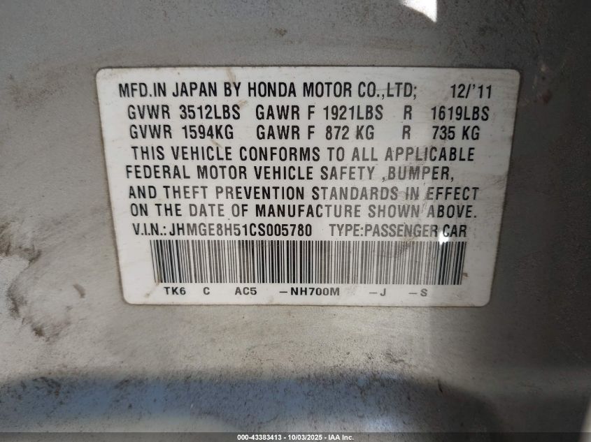 2012 Honda Fit Sport VIN: JHMGE8H51CS005780 Lot: 43383413