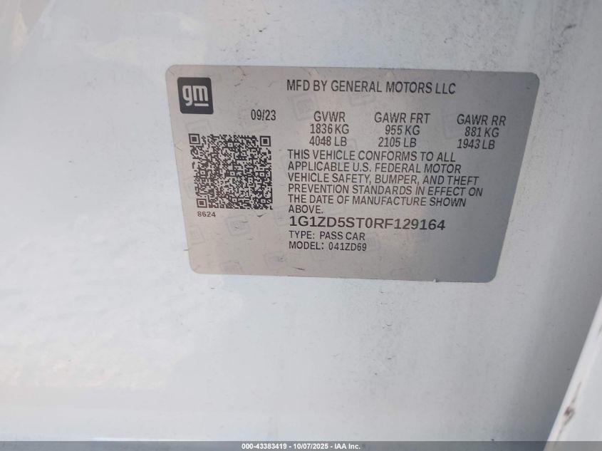 2024 Chevrolet Malibu Fwd 1Lt VIN: 1G1ZD5ST0RF129164 Lot: 43383419