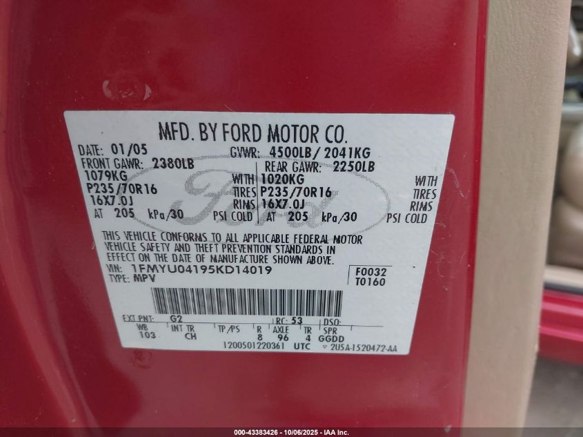 2005 Ford Escape Limited VIN: 1FMYU04195KD14019 Lot: 43383426