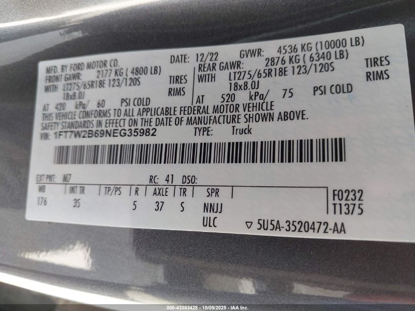 2022 Ford F-250 Xlt VIN: 1FT7W2B69NEG35982 Lot: 43383428