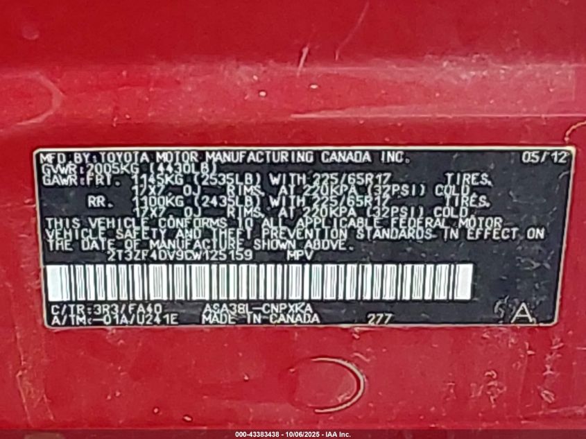 2012 Toyota Rav4 VIN: 2T3ZF4DV9CW125159 Lot: 43383438