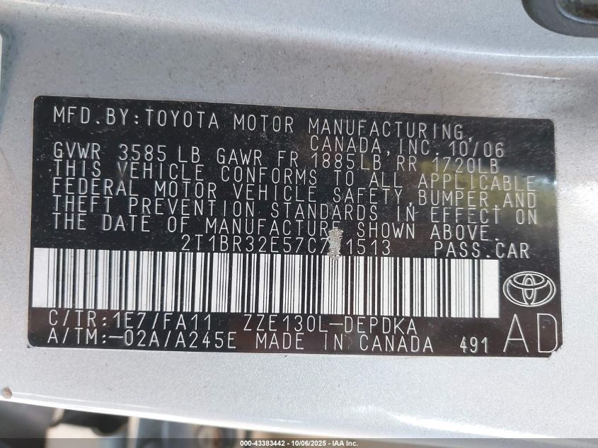 2007 Toyota Corolla Ce VIN: 2T1BR32E57C741513 Lot: 43383442