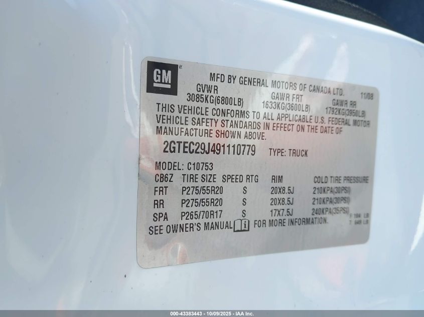 2009 GMC Sierra 1500 Sle VIN: 2GTEC29J491110779 Lot: 43383443
