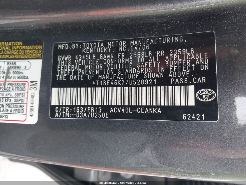 2007 Toyota Camry Le VIN: 4T1BE46K77U528921 Lot: 43383446