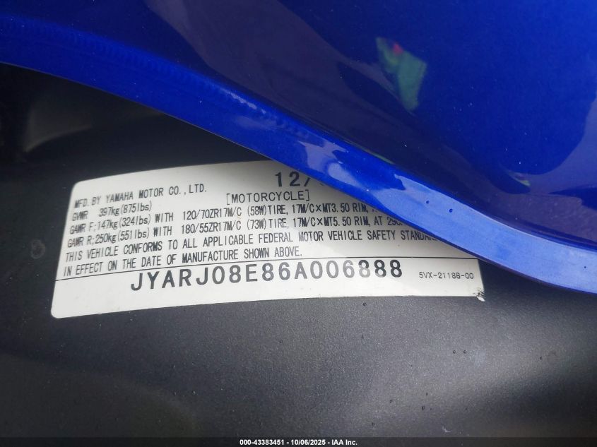 2006 Yamaha Fz6 S VIN: JYARJ08E86A006888 Lot: 43383451