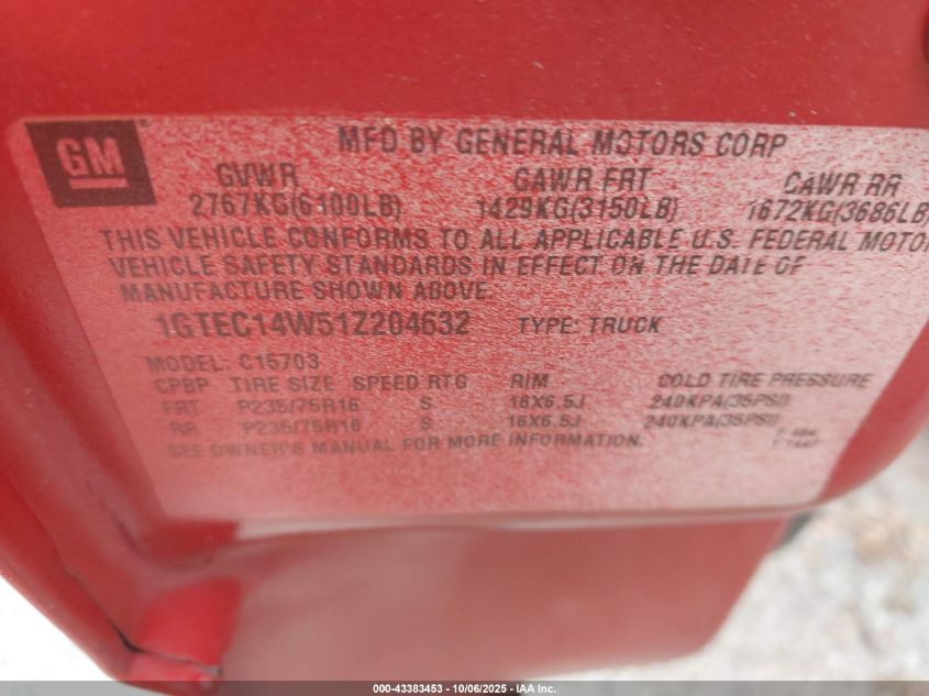 2001 GMC Sierra 1500 Sl VIN: 1GTEC14W51Z204632 Lot: 43383453