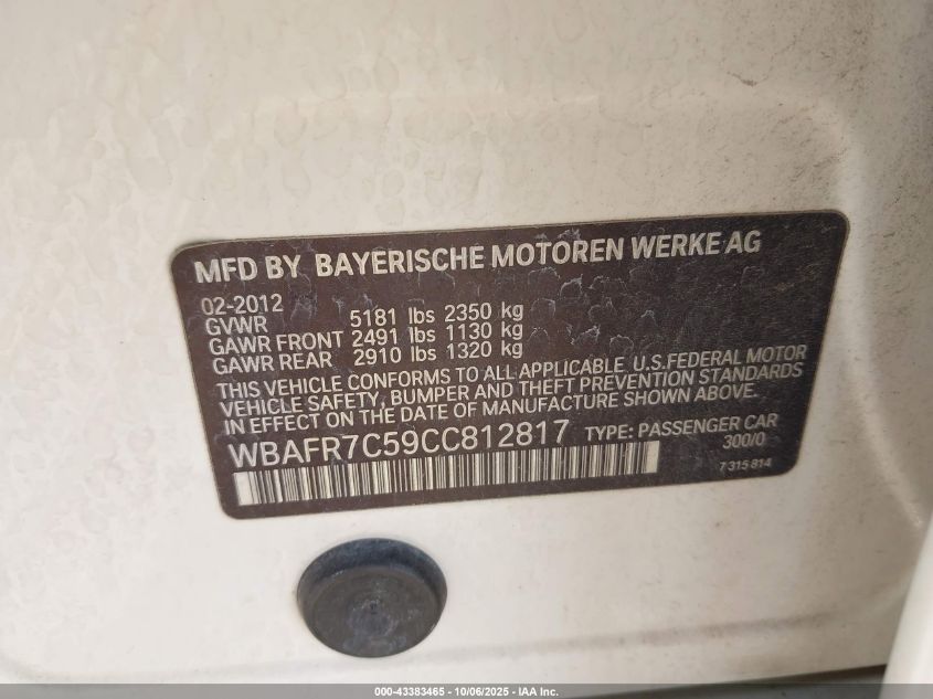 2012 BMW 535I VIN: WBAFR7C59CC812817 Lot: 43383465