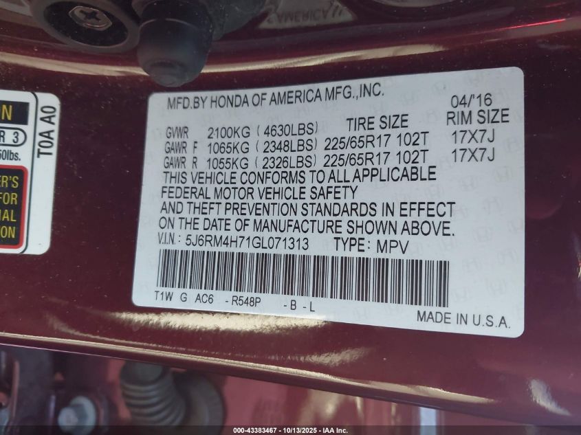 2016 Honda Cr-V Ex-L VIN: 5J6RM4H71GL071313 Lot: 43383467