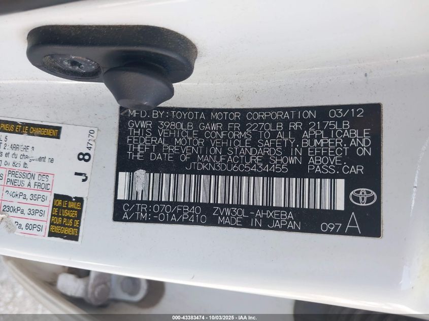 2012 Toyota Prius Two VIN: JTDKN3DU6C5434455 Lot: 43383474