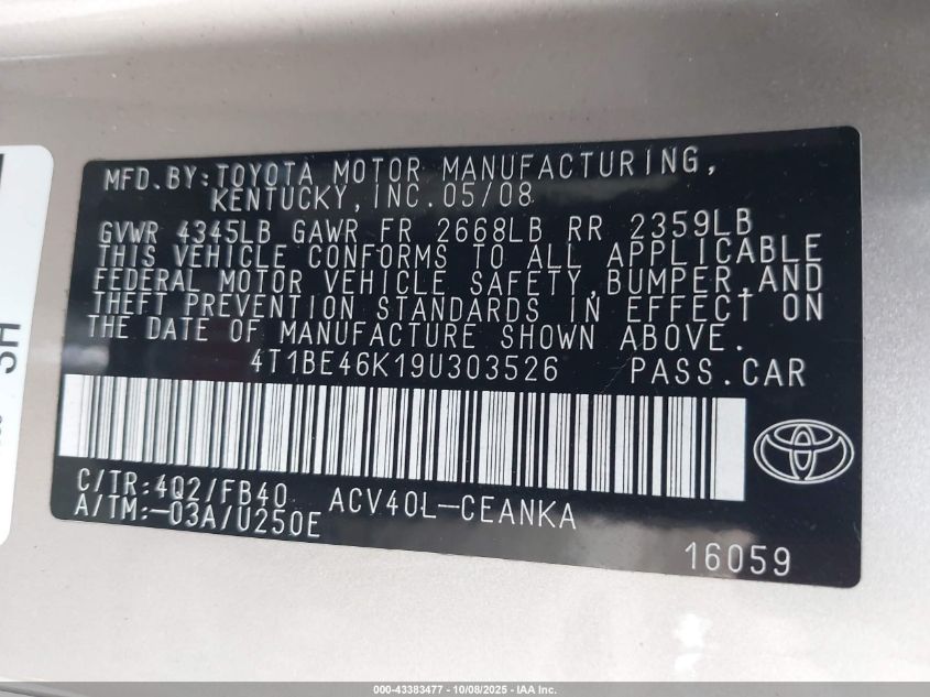 2009 Toyota Camry Le VIN: 4T1BE46K19U303526 Lot: 43383477