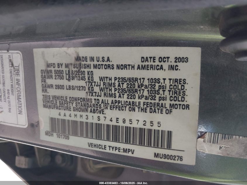 2004 Mitsubishi Endeavor Xls VIN: 4A4MM31S74E057255 Lot: 43383483