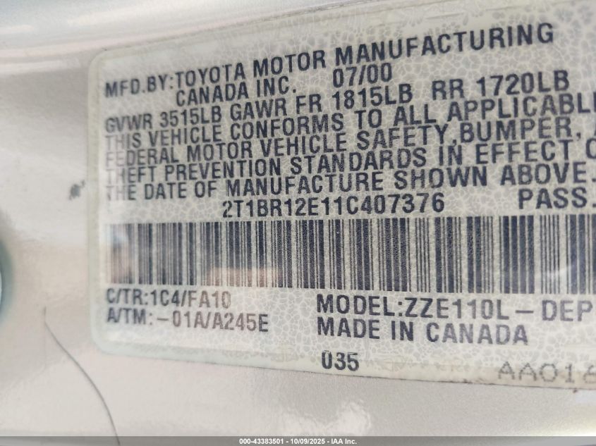 2001 Toyota Corolla Le VIN: 2T1BR12E11C407376 Lot: 43383501