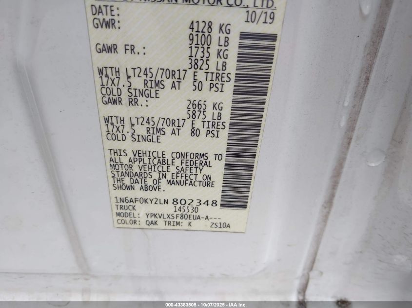 2020 Nissan Nv Cargo Nv2500 Hd Sv Standard Roof V8 VIN: 1N6AF0KY2LN802348 Lot: 43383505