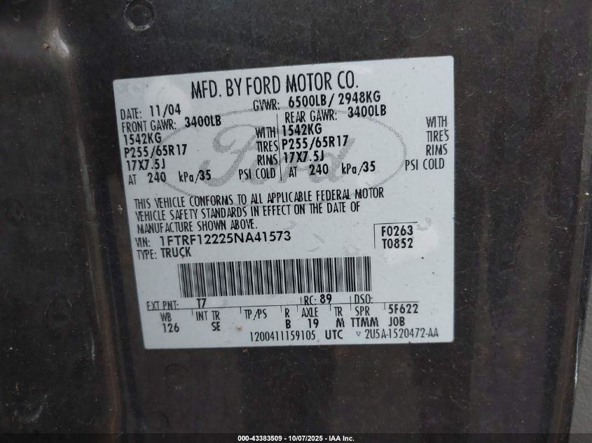 2005 Ford F-150 Stx/Xl/Xlt VIN: 1FTRF12225NA41573 Lot: 43383509