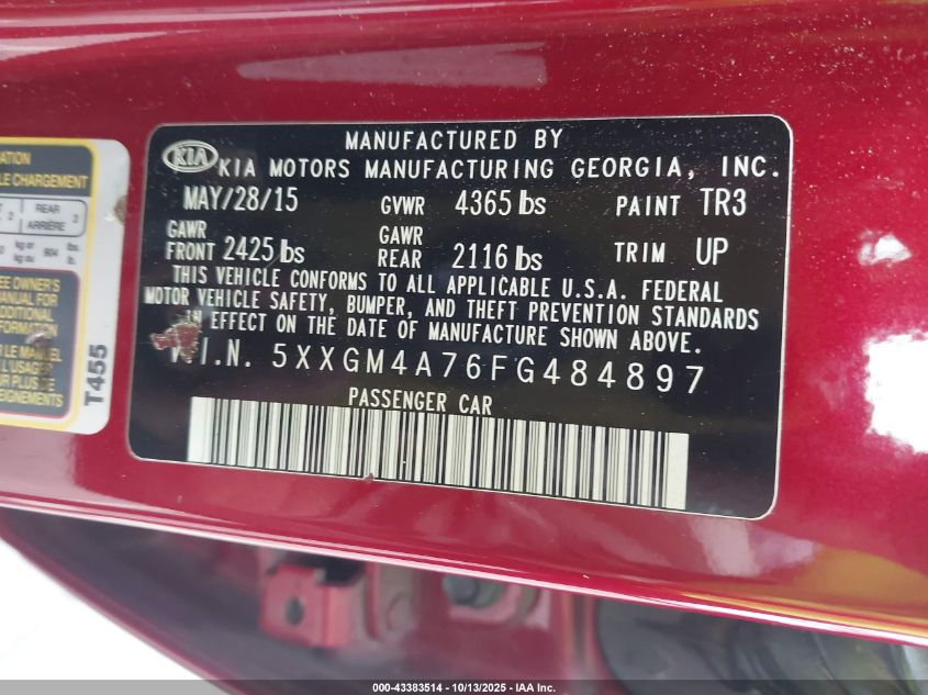 2015 Kia Optima Lx VIN: 5XXGM4A76FG484897 Lot: 43383514
