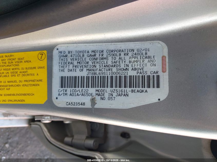 2001 Lexus Gs 430 VIN: JT8BL69S110006221 Lot: 43383515