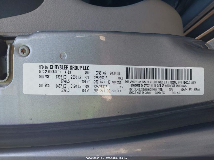 2013 Chrysler Town & Country Touring VIN: 2C4RC1BG0DR734700 Lot: 43383519