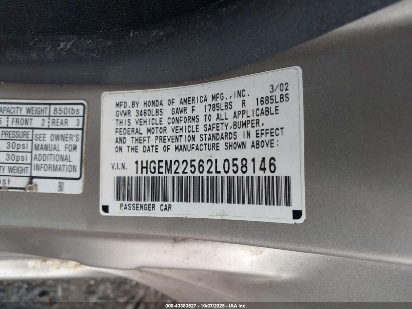2002 Honda Civic Lx VIN: 1HGEM22562L058146 Lot: 43383527