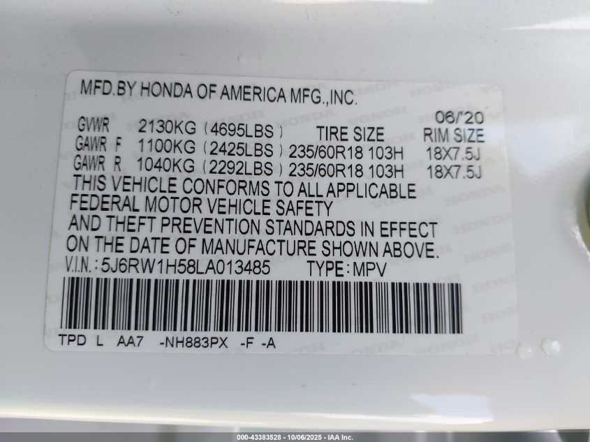 2020 Honda Cr-V 2Wd Ex VIN: 5J6RW1H58LA013485 Lot: 43383528