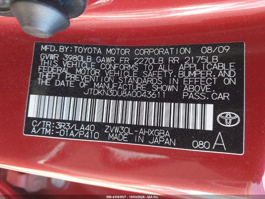 2010 Toyota Prius Iv VIN: JTDKN3DU8A0043611 Lot: 43383537