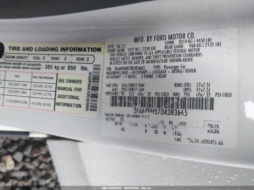 2013 Ford Fusion Se VIN: 3FA6P0HR7DR383665 Lot: 43383538