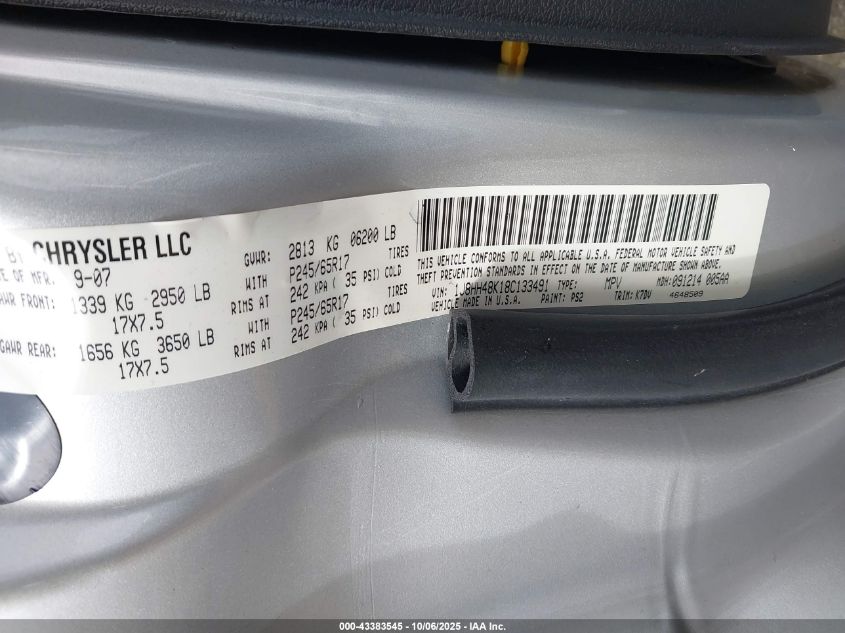 2008 Jeep Commander Sport VIN: 1J8HH48K18C133491 Lot: 43383545