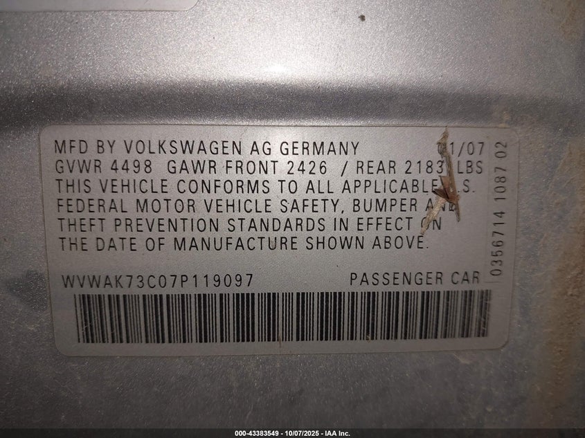 2007 Volkswagen Passat 2.0T/Wolfsburg Edition VIN: WVWAK73C07P119097 Lot: 43383549
