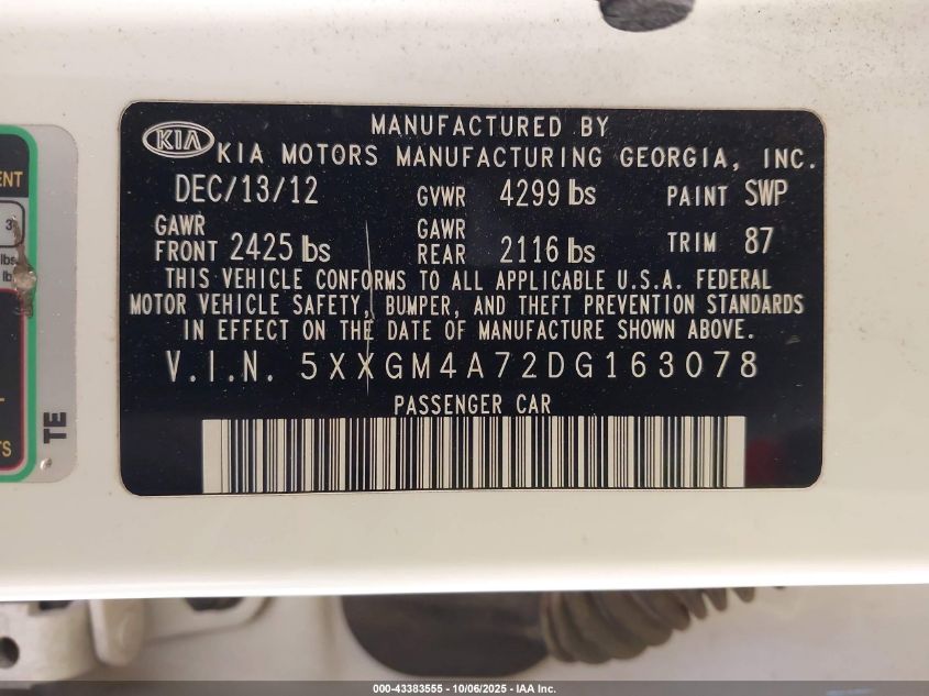 2013 Kia Optima Lx VIN: 5XXGM4A72DG163078 Lot: 43383555