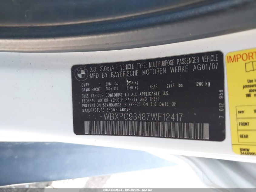 2007 BMW X3 3.0Si VIN: WBXPC93487WF12417 Lot: 43383564