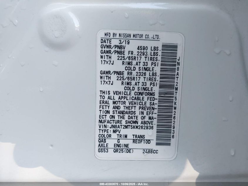 2019 Nissan Rogue Sv VIN: JN8AT2MT5KW262936 Lot: 43383570