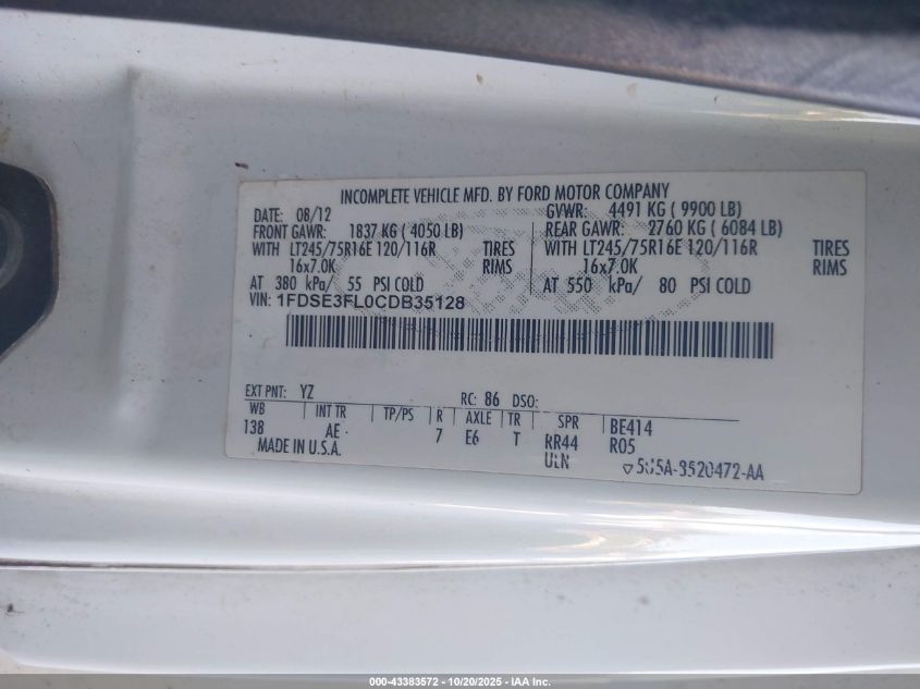 2012 Ford E-350 Cutaway VIN: 1FDSE3FL0CDB35128 Lot: 43383572