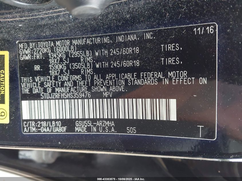 2017 Toyota Highlander Xle VIN: 5TDJZRFH5HS359476 Lot: 43383575