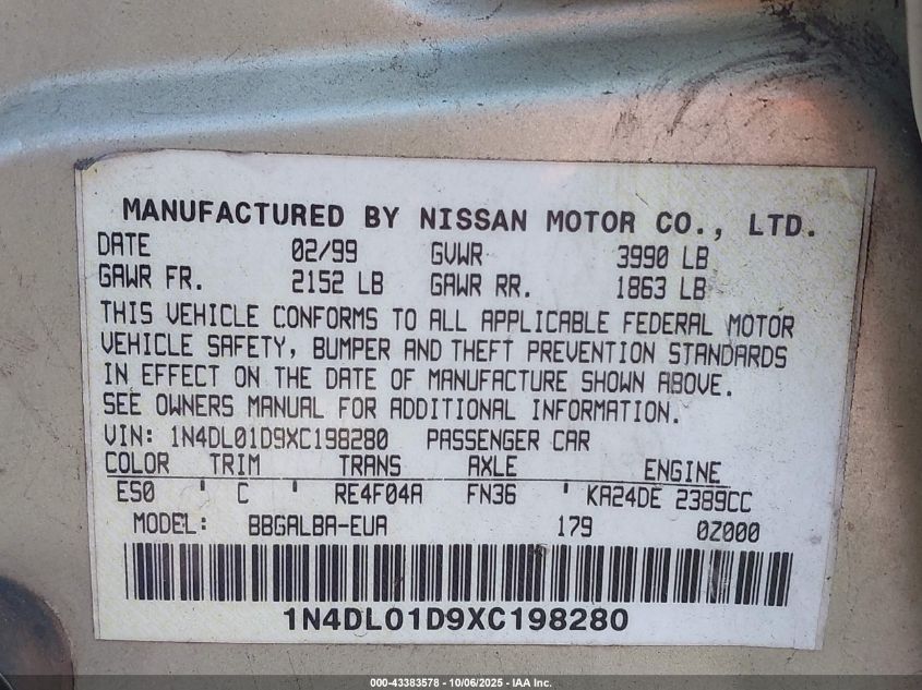 1999 Nissan Altima Gle/Gxe/Se/Se-L/Xe VIN: 1N4DL01D9XC198280 Lot: 43383578