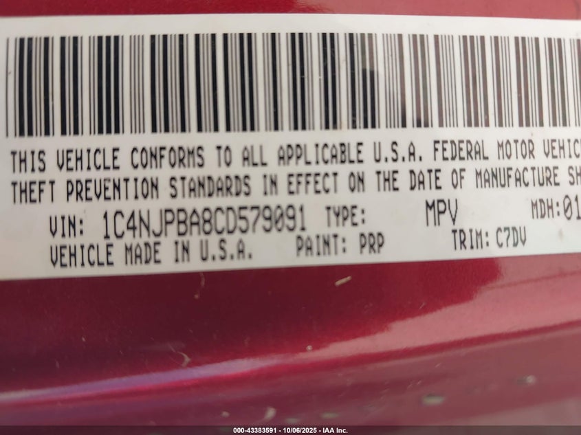 2012 Jeep Patriot Sport VIN: 1C4NJPBA8CD579091 Lot: 43383591