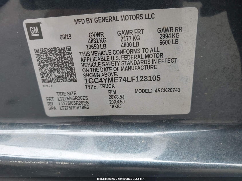 2020 Chevrolet Silverado 2500Hd 4Wd Standard Bed Custom VIN: 1GC4YME74LF128105 Lot: 43383592