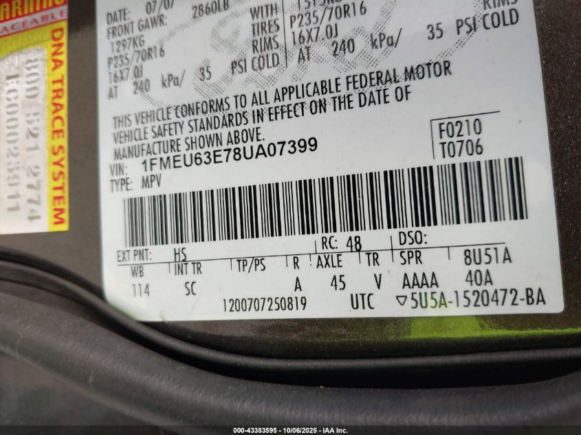 2008 Ford Explorer Xlt VIN: 1FMEU63E78UA07399 Lot: 43383595