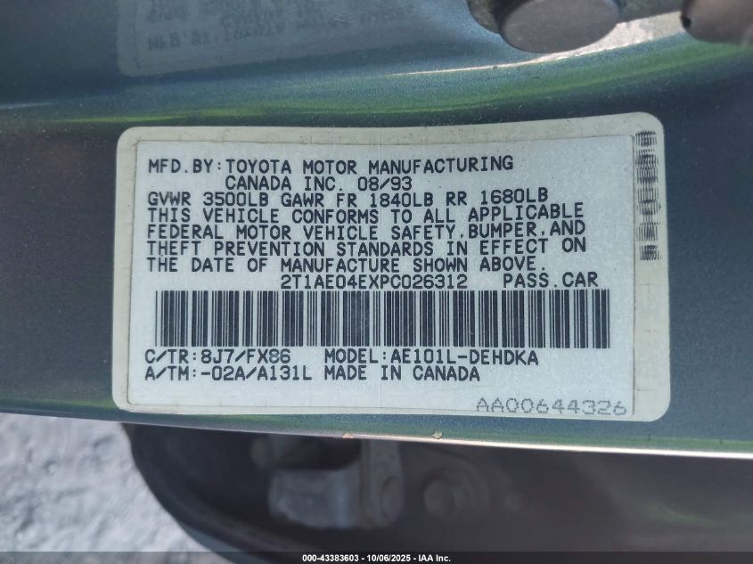 1993 Toyota Corolla VIN: 2T1AE04EXPC026312 Lot: 43383603