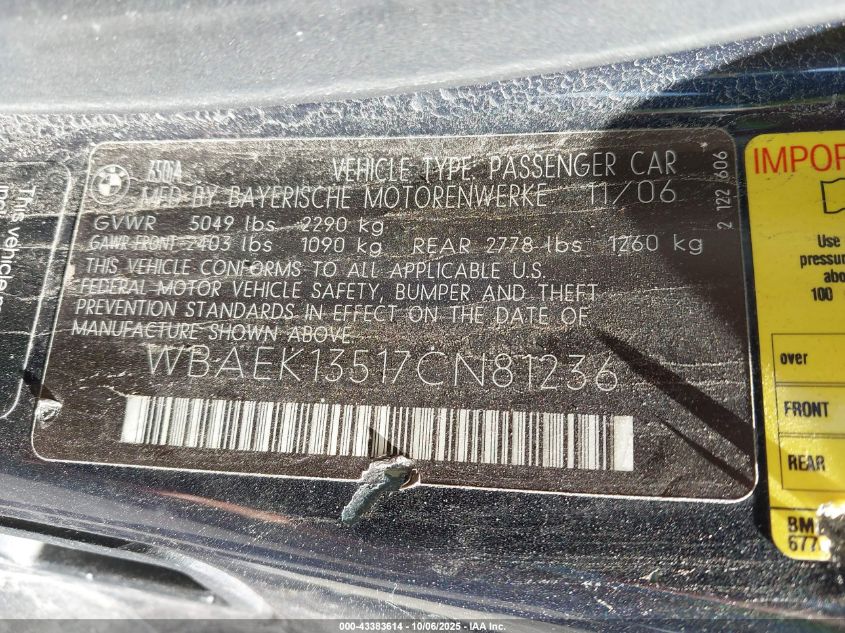 2007 BMW 650I VIN: WBAEK13517CN81236 Lot: 43383614