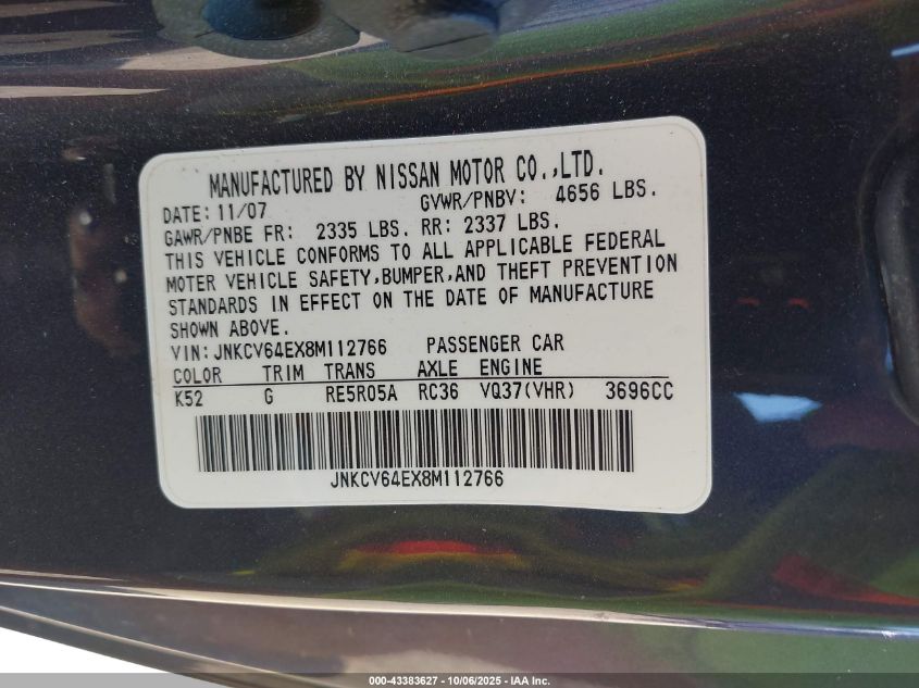 2008 Infiniti G37 Journey VIN: JNKCV64EX8M112766 Lot: 43383627