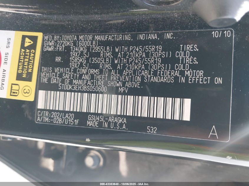 2011 Toyota Highlander Limited V6 VIN: 5TDDK3EH3BS050600 Lot: 43383648