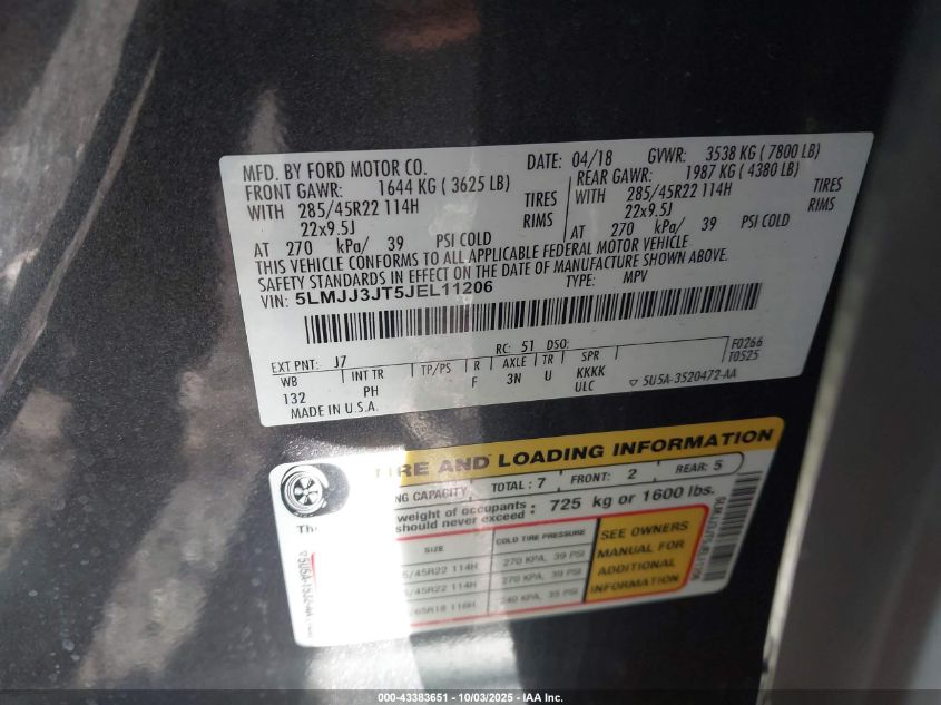 2018 Lincoln Navigator L Select VIN: 5LMJJ3JT5JEL11206 Lot: 43383651