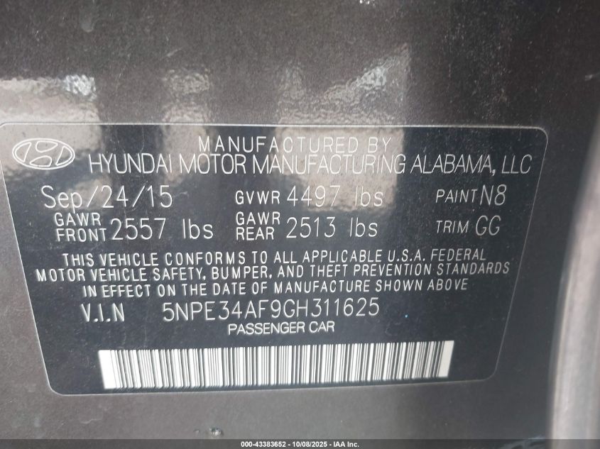 2016 Hyundai Sonata Sport VIN: 5NPE34AF9GH311625 Lot: 43383652