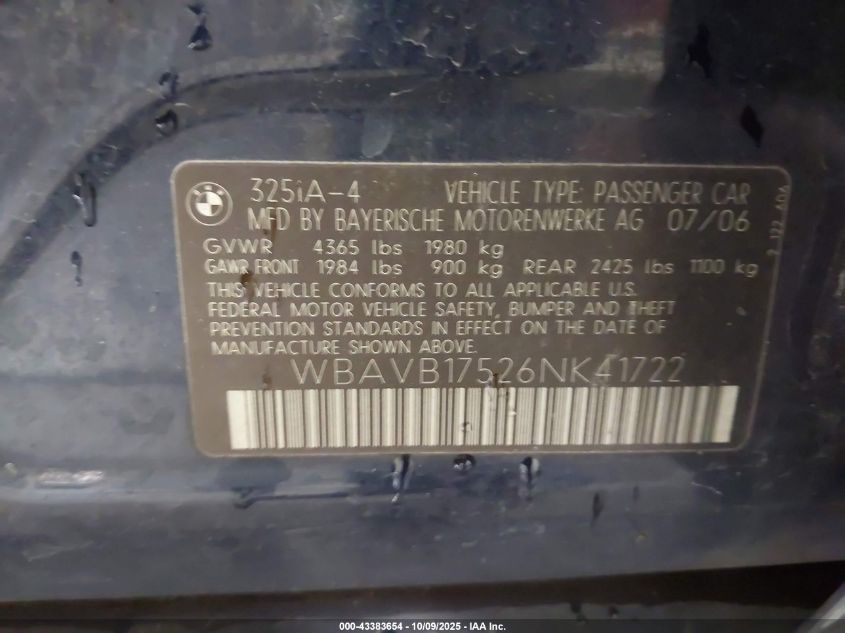 2006 BMW 325I VIN: WBAVB17526NK41722 Lot: 43383654