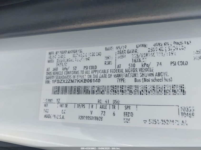 2019 Ford Transit-350 Xlt VIN: 1FBZX2ZM7KKB06140 Lot: 43383662