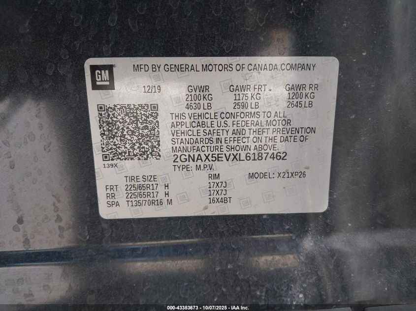 2020 Chevrolet Equinox Awd 1Fl VIN: 2GNAX5EVXL6187462 Lot: 43383673