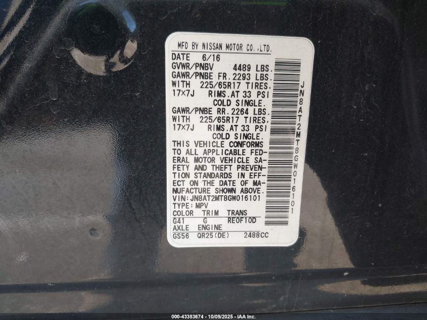 2016 Nissan Rogue S VIN: JN8AT2MT8GW016101 Lot: 43383674