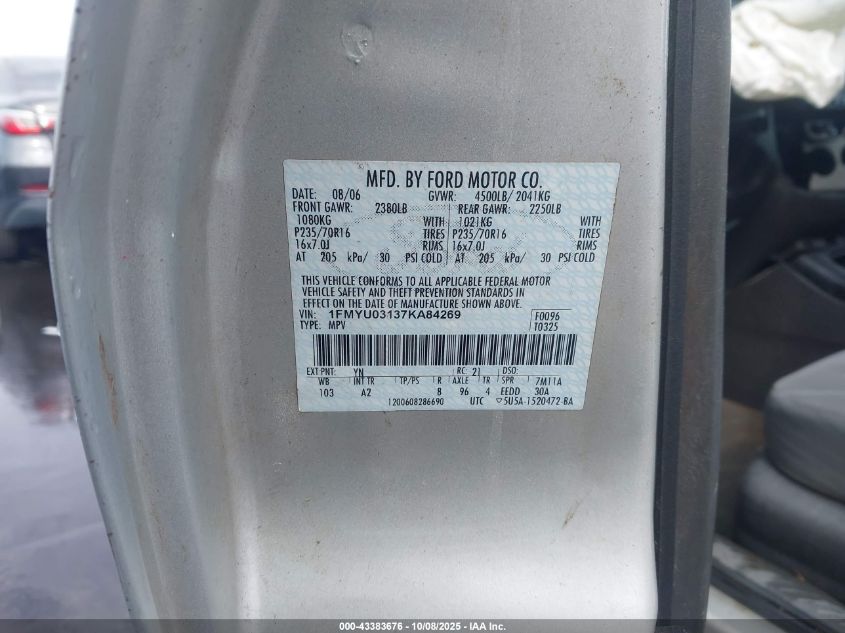 2007 Ford Escape Xlt VIN: 01FMYU03137KA8469 Lot: 43383676