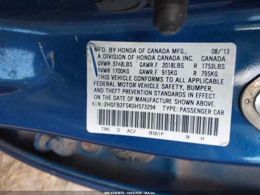 2013 Honda Civic Lx VIN: 2HGFB2F54DH573294 Lot: 43383678