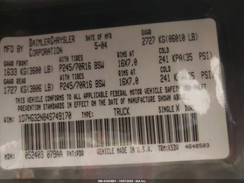 2004 Dodge Dakota Sport VIN: 1D7HG32N84S749170 Lot: 43383681